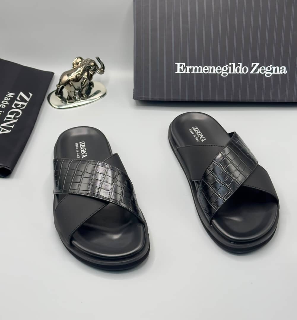 Ermenegildo Zegna Panarea Black Crocodile Leather Slides Ermenegildo Zegna Panarea Black Crocodile Leather Slides