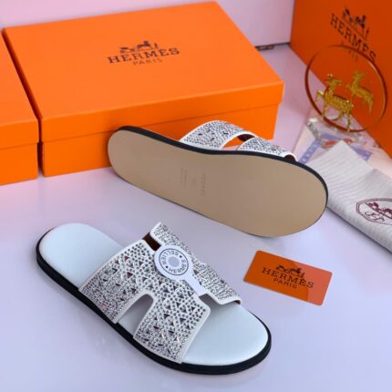 Oran Crystal Slides in White Leather