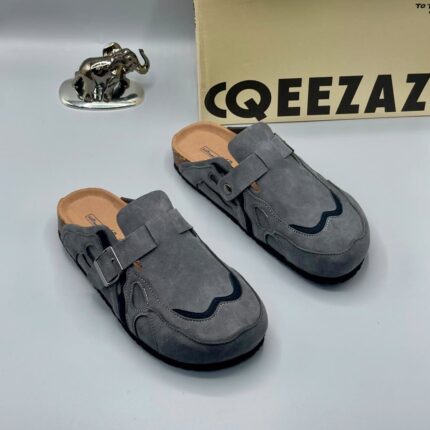 Qeezaza Grey Suede Mules with Buckle Strap