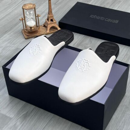 White Leather Mule Slides with Embossed Logo