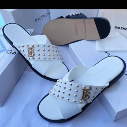 White Leather Sandals with Gold Studs & B Logo