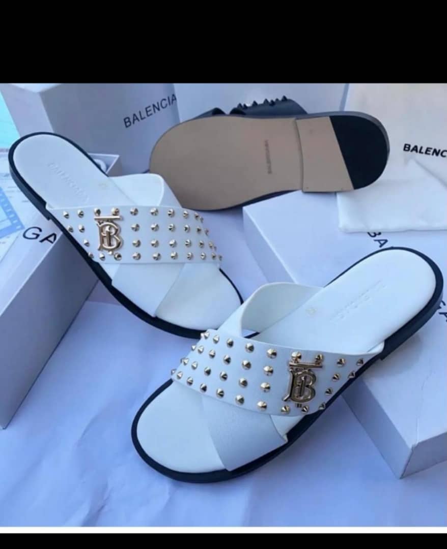 White Leather Sandals with Gold Studs & B Logo White Leather Sandals with Gold Studs & B Logo