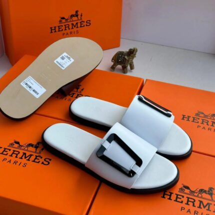 White Slides with Black Buckle Detail