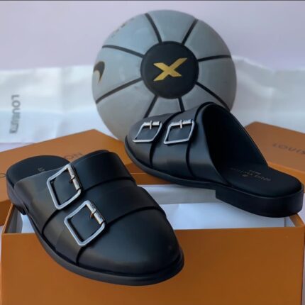 Black Leather Buckle Mules