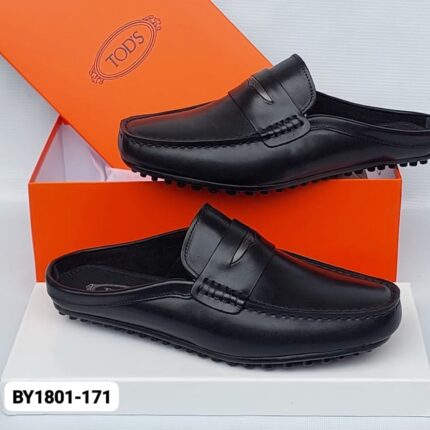 Black Leather Mule Loafers with Penny Strap
