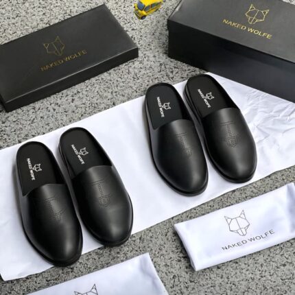 Black Leather Mules with Perforated Logo