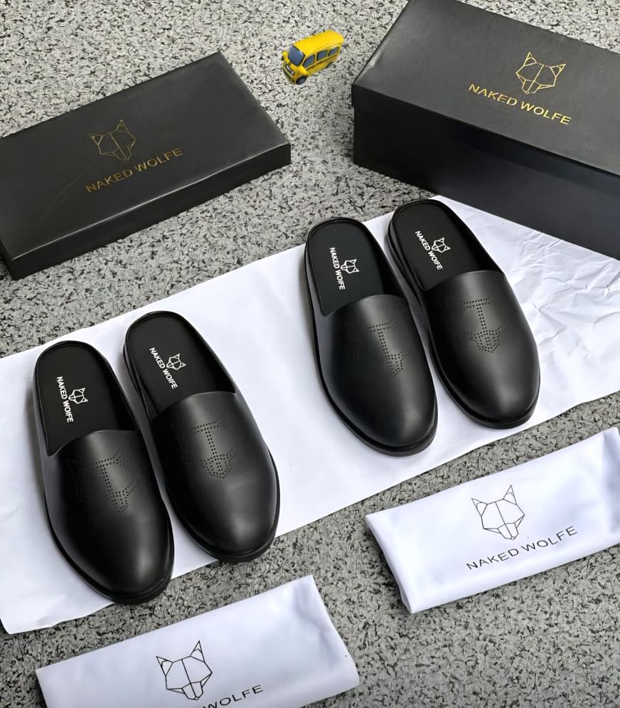 Black Leather Mules with Perforated Logo Black Leather Mules with Perforated Logo