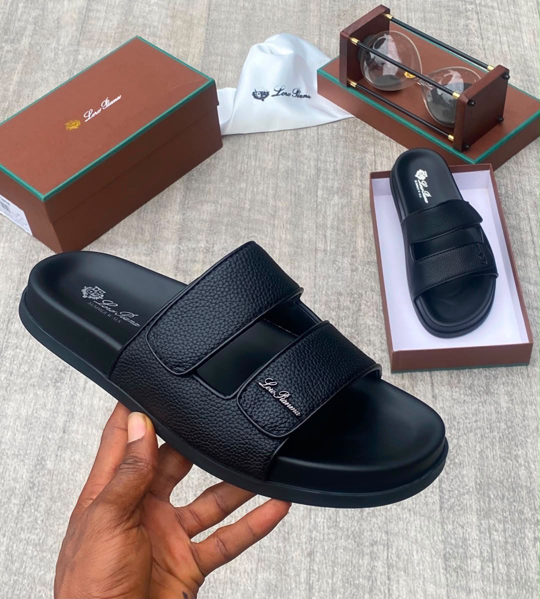 Black Leather Sandals with Adjustable Velcro Straps Black Leather Sandals with Adjustable Velcro Straps