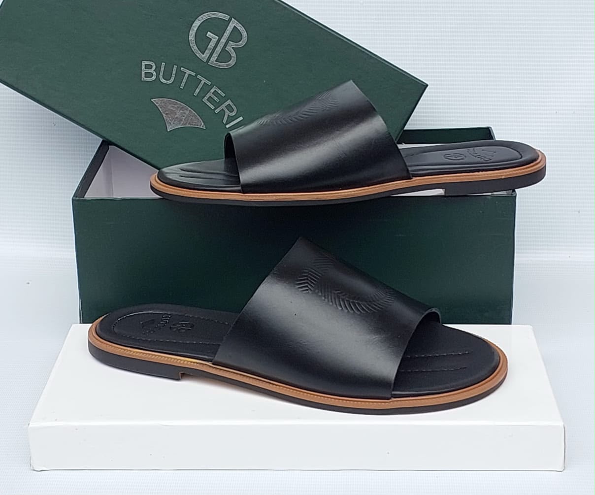 Black Leather Slides with Embossed GB Logo Black Leather Slides with Embossed GB Logo