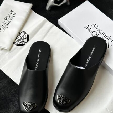 Black Leather Slip-On Loafers with Silver Heart Detail