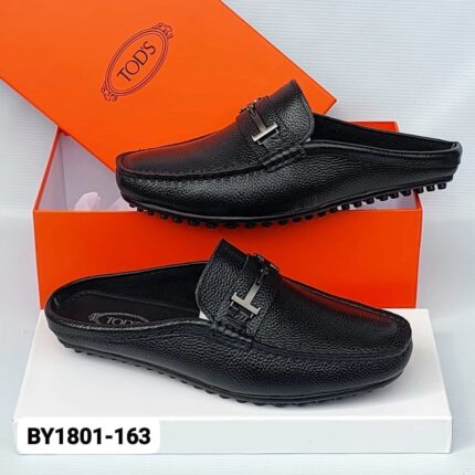 Black Pebble Leather Mules with Silver Metal Bit