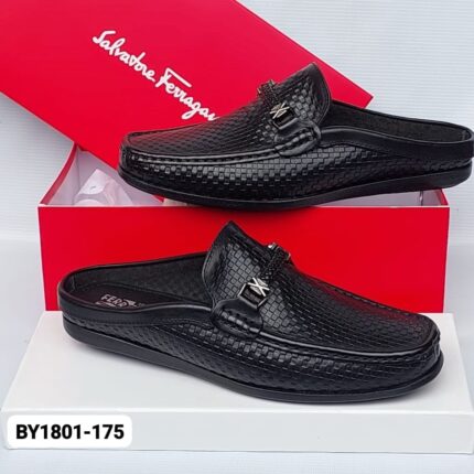 Black Woven Leather Half-Cover Loafers with Metal Buckle