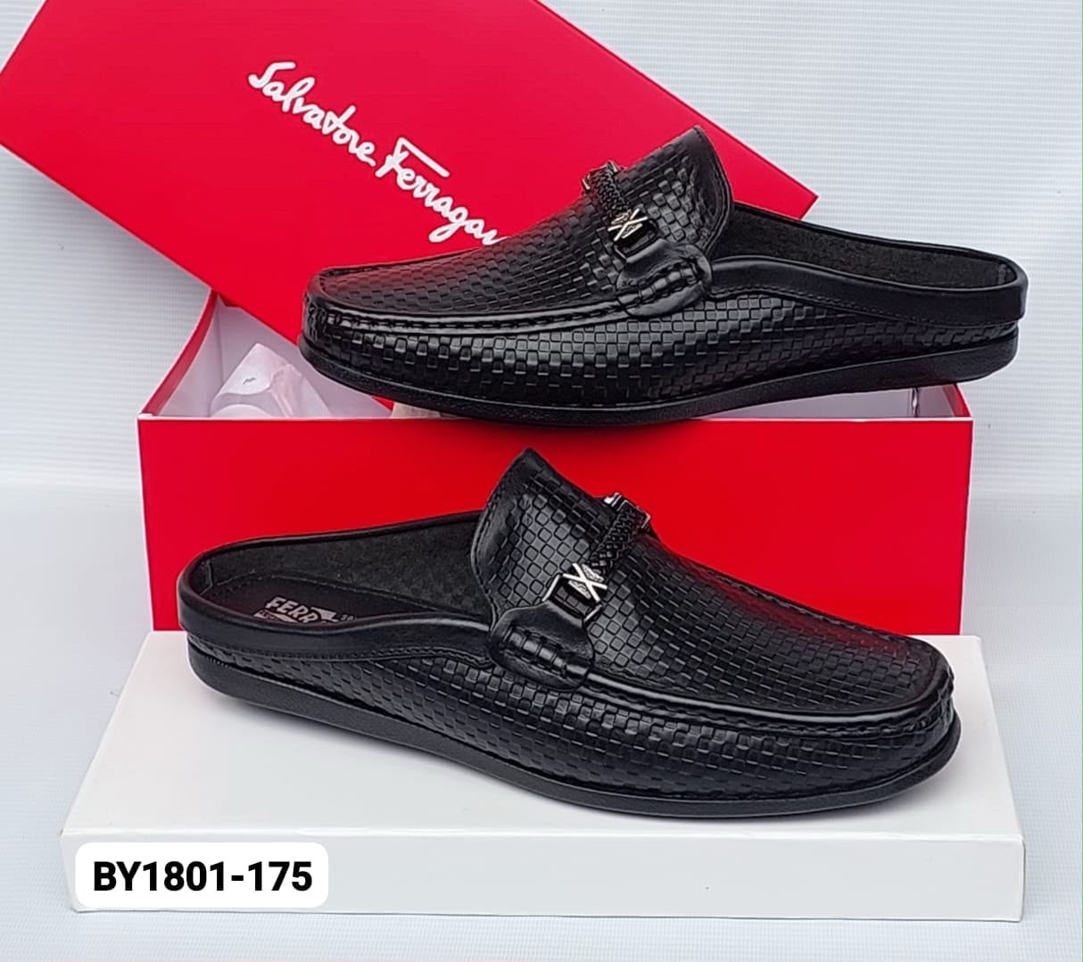 Black Woven Leather Half-Cover Loafers with Metal Buckle Black Woven Leather Half-Cover Loafers with Metal Buckle
