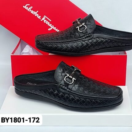 Black Woven Leather Mules with Metal Buckle
