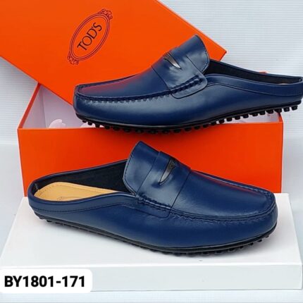 Blue Leather Driving Loafers with Metal Buckle