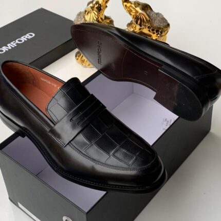Brown Crocodile-Embossed Leather Loafers