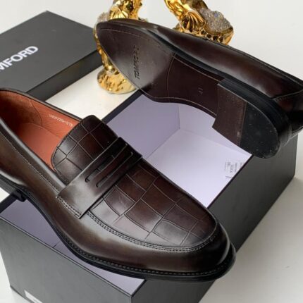 Brown Crocodile-Embossed Leather Loafers