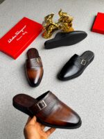 Brown Leather Mules with Buckle Detail