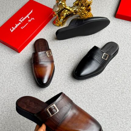 Brown Leather Mules with Buckle Detail