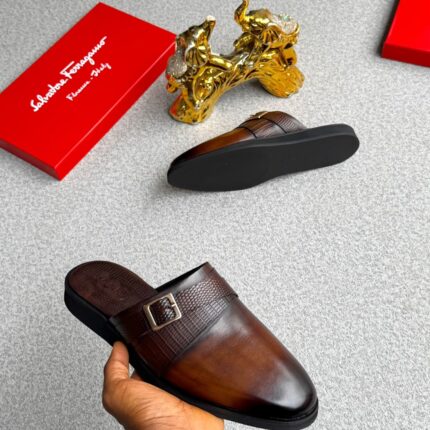 Brown Leather Mules with Buckle Detail