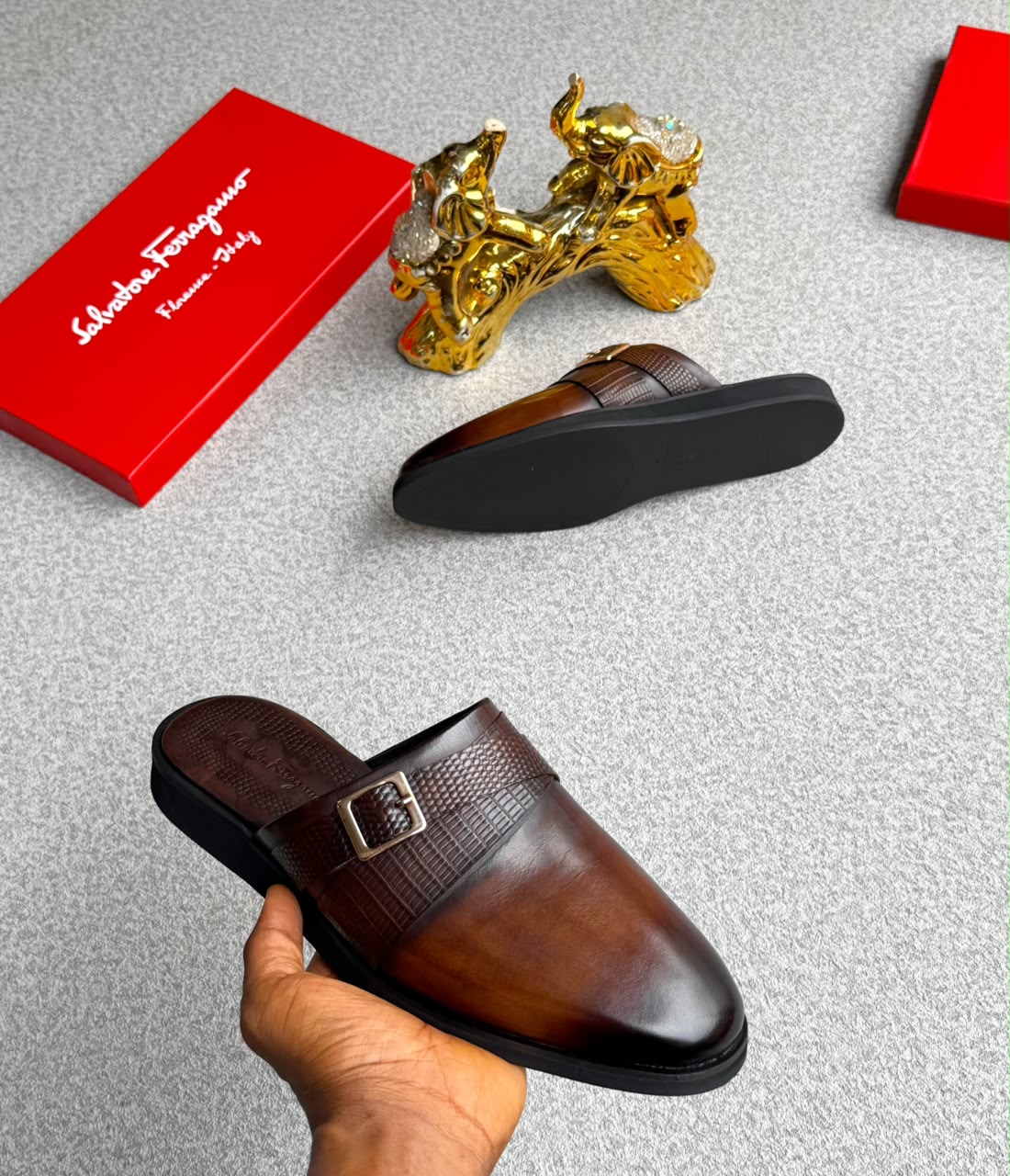 Brown Leather Mules with Buckle Detail Brown Leather Mules with Buckle Detail