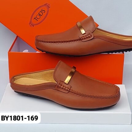 Brown Leather Slippers with Metal Hardware
