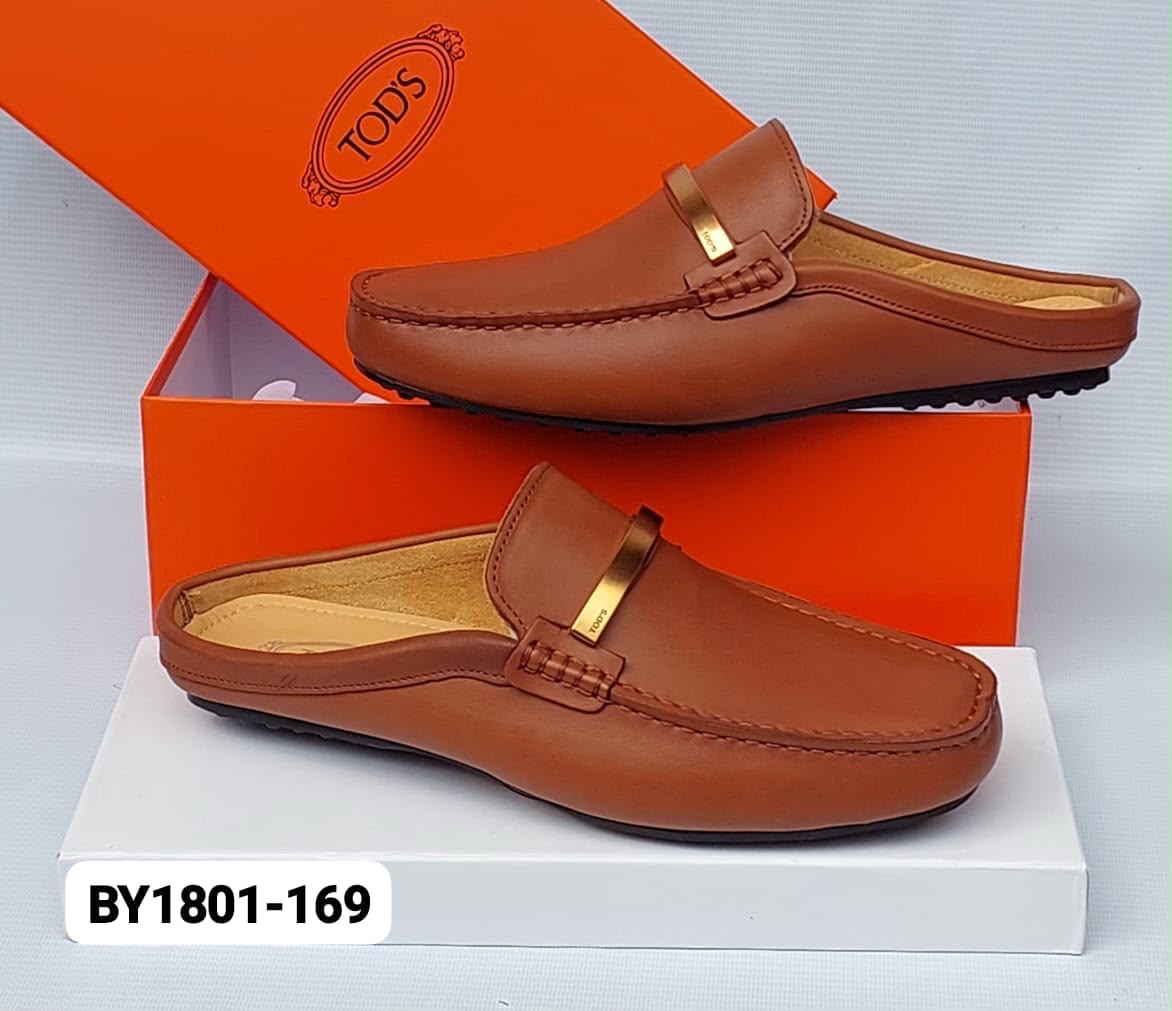 Brown Leather Slippers with Metal Hardware Brown Leather Slippers with Metal Hardware