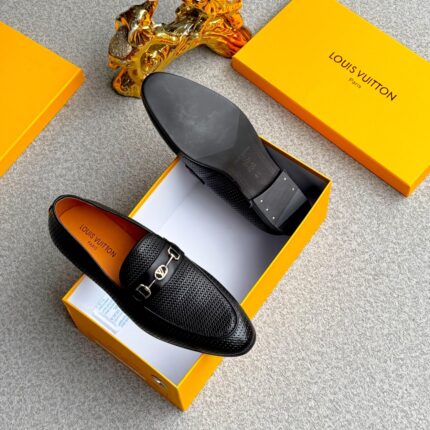 Brown Textured Leather Loafers with Gold Hardware