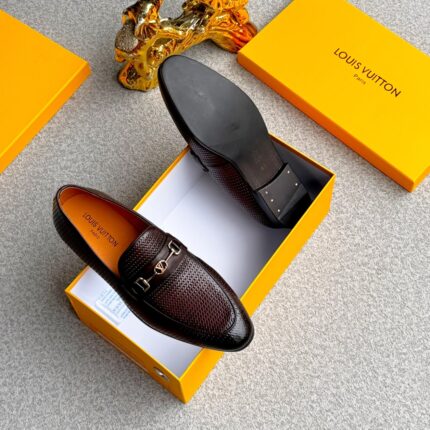 Brown Textured Leather Loafers with Gold Hardware
