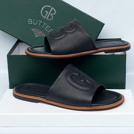 Butteri Black Leather Slides with Embossed GB Logo
