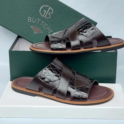 Dark Brown Crocodile-Embossed Leather Sandals