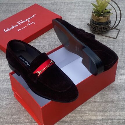 Dark Brown Velvet Horsebit Loafers