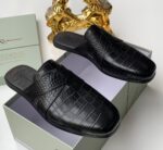 Dark Green Crocodile-Embossed Leather Mules
