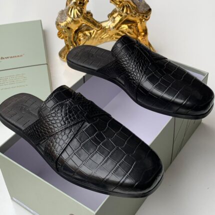 Dark Green Crocodile-Embossed Leather Mules