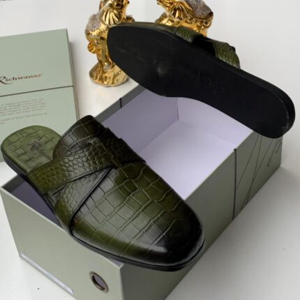 Dark Green Crocodile-Embossed Leather Mules