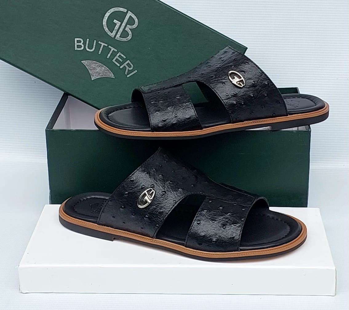 GB Butteri Black Ostrich-Textured Slide Sandals with Silver Crest GB Butteri Black Ostrich-Textured Slide Sandals with Silver Crest