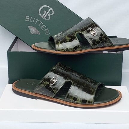 GB Butteri Men’s Green Crocodile-Embossed Leather Sandals