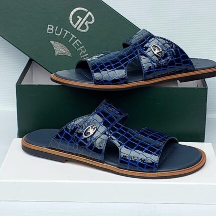 GB Butteri Navy Blue Crocodile-Embossed Leather Sandals