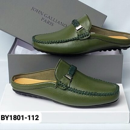Green Leather Mules with Metal Buckle