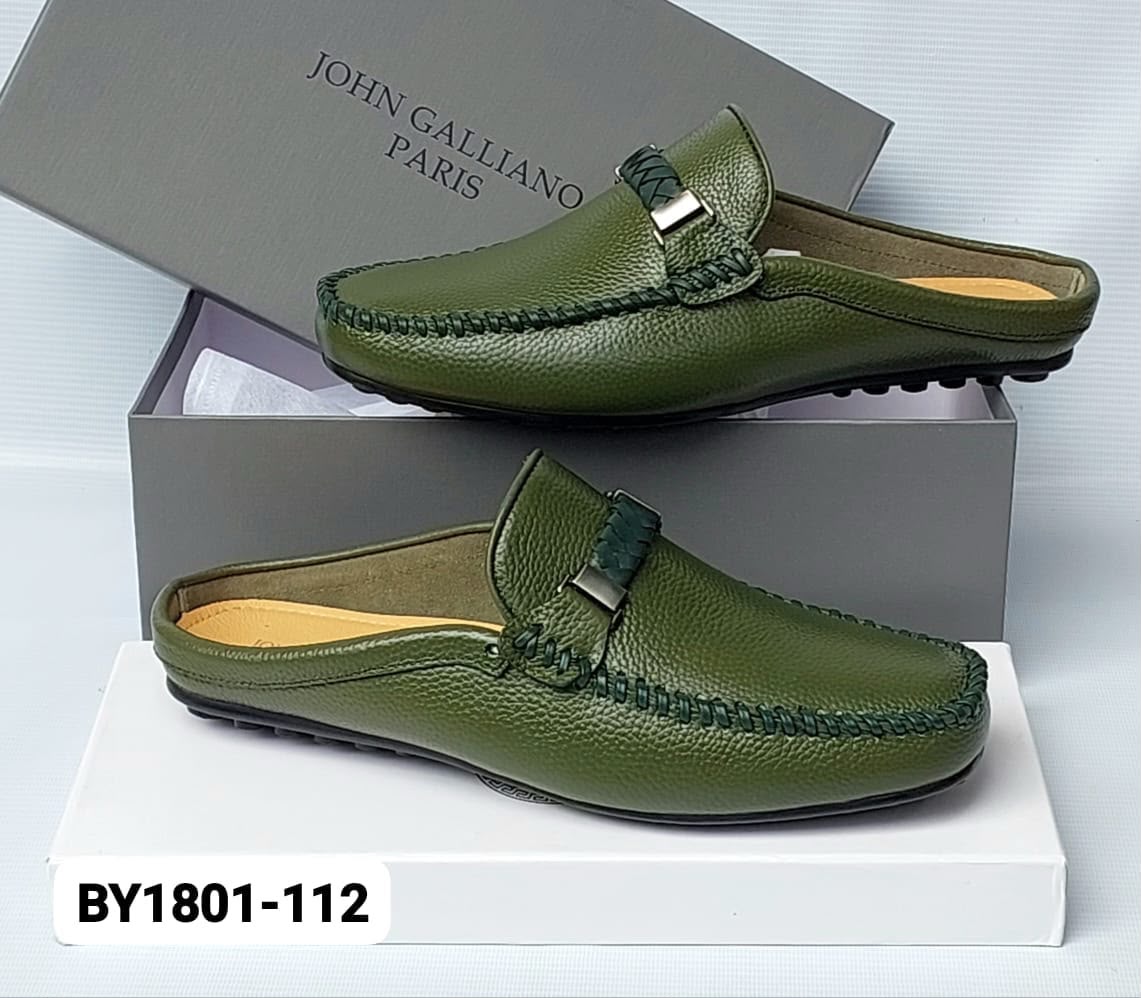 Green Leather Mules with Metal Buckle Green Leather Mules with Metal Buckle