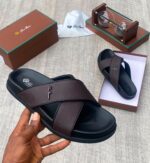 Loro Piana Dark Blue Leather Cross-Strap Sandals
