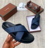 Loro Piana Dark Blue Leather Cross-Strap Sandals
