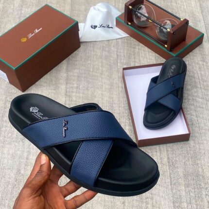 Loro Piana Dark Blue Leather Cross-Strap Sandals