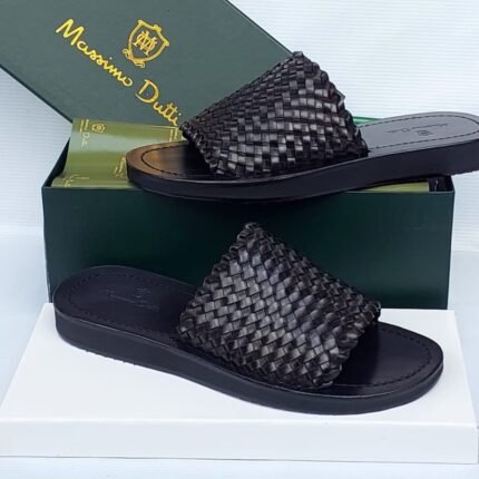 Massimo Dutti Men’s Black Woven Leather Slides