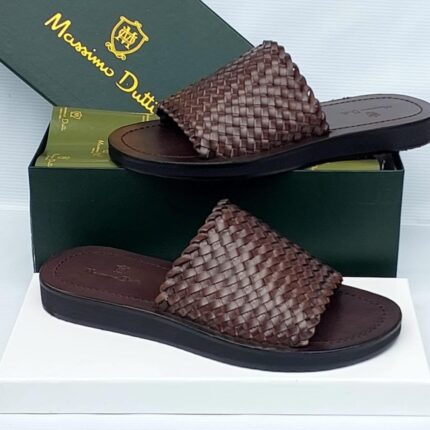 Massimo Dutti Men’s Brown Woven Leather Slides