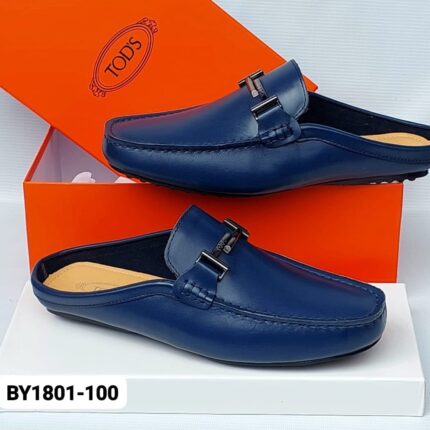 Men’s Navy Blue Leather Slip-On Mules with Metallic Buckle