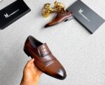 Moreschi Olive Green Crocodile-Embossed Leather Loafers