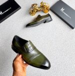 Moreschi Olive Green Crocodile-Embossed Leather Loafers