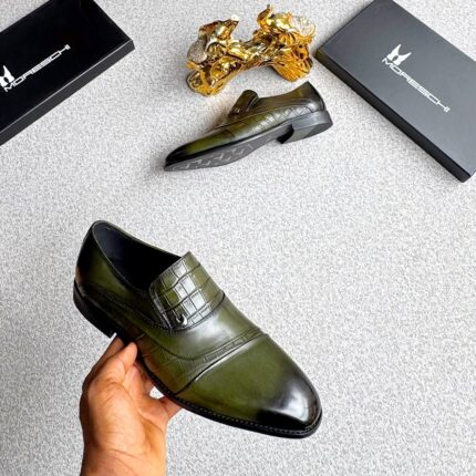 Moreschi Olive Green Crocodile-Embossed Leather Loafers