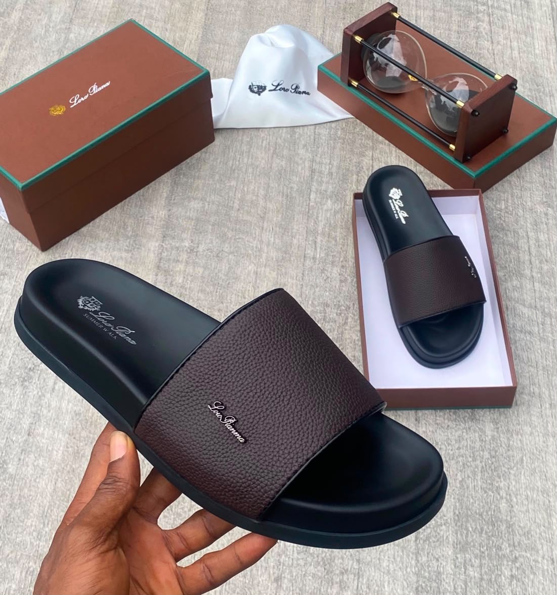 Summer Walk Dark Brown Leather Sandals with Silver Logo Plaque Summer Walk Dark Brown Leather Sandals with Silver Logo Plaque